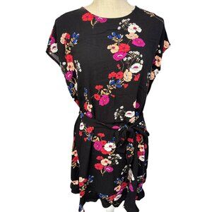 PopSugar XL Black Floral Tie-Waist Dress With Keyhole Back & Short Sleeves